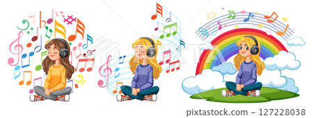 Girls Enjoying Music with Colorful Backgrounds 127228038