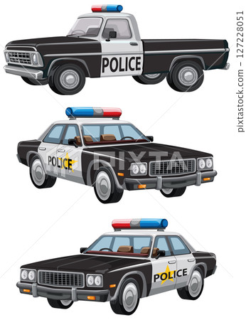 Retro Police Vehicles Vector Illustration Set 127228051