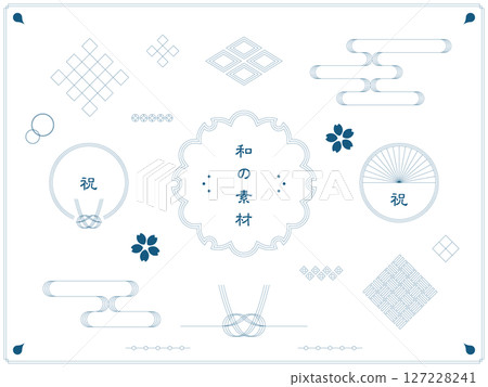Set of Japanese design decorations and frames made of lines 127228241