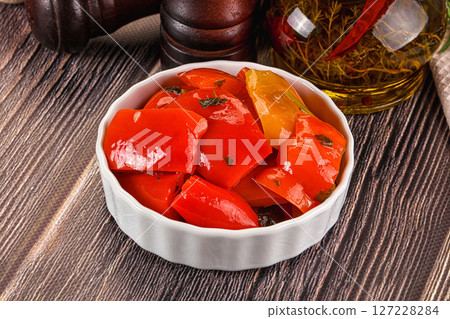 Homemade marinated red bell pepper 127228284