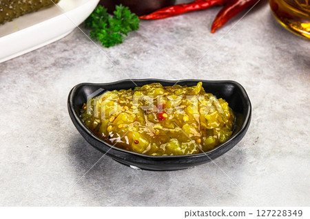 Souce gherkin relish with marinated cucumbers Souce gherkin relish with marinated cucumbers 127228349