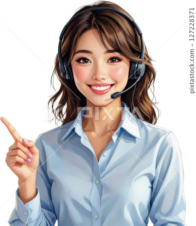 Smiling call center female operator pointing headset transparent background 127228371