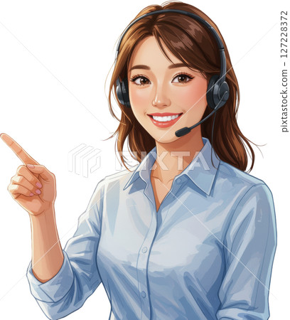 Smiling call center female operator pointing headset transparent background 127228372