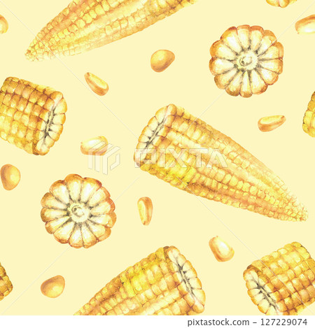 Watercolor sweet Corn seamless pattern. Yellow kernels, cut corncobs or golden maize cobs pieces and seeds. Hand painted illustration for food wallpaper, fabric. Isolated pastel coloured background 127229074
