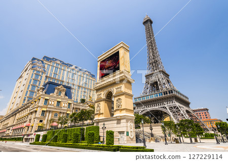 Beautiful view of the Eiffel Tower at Parisian Macao is a casino resort on the Cotai Strip in Macau, China owned by Las Vegas Sands. 127229114