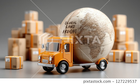 Global land freight delivery truck carries globe, symbolizing worldwide shipping, logistics, and express parcel transportation service 127229537
