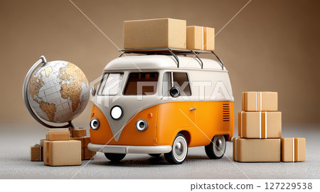 Orange delivery van globe cardboard box express shipping worldwide retro style logistics travel cheerful mood Orange delivery van globe cardboard box express shipping worldwide retro style logistics travel cheerful mood 127229538