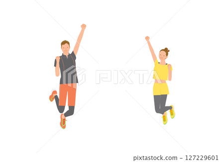 運動圖片：微笑的年輕男女揮拳跳躍套裝 03 127229601