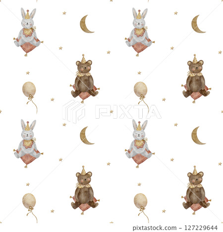Seamless pattern vintage hare, rabbit, bear in a party cap. Watercolor illustration animals hand drawn children's style on white background design textiles, fabrics, packaging, clothes, birthday card Seamless pattern vintage hare, rabbit, bear in a party cap. Watercolor illustration animals hand drawn children's style on white background design textiles, fabrics, packaging, clothes, birthday card 127229644