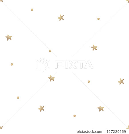 Pattern watercolor illustration beige stars, dots are located chaotically. Hand drawn in children's style. Seamless print on white background for textile design, fabrics, packaging clothes, postcard 127229669