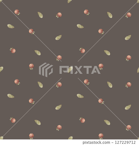 Pattern watercolor illustration wild berries lingonberries red, green leaves hand drawn stylized style. Seamless print on brown background for textile design, fabric, packaging, baby clothes, card 127229712