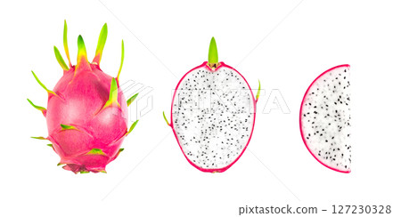 Collection Dragon fruit, pitaya isolated on white background with clipping path. Cut white fleshed pitaya fruit isolated on white background. Fresh organic dragon fruit from the garden. food concept. 127230328