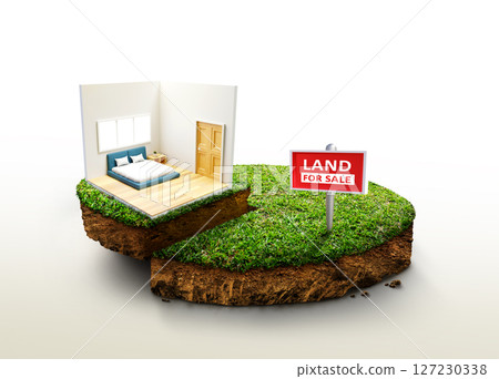 Bed room near big tree on tiny earth land with green grass in real estate sale or property investment concept. ground ecology isolated on light. Isometric low poly part of house. 3d rendering. 127230338