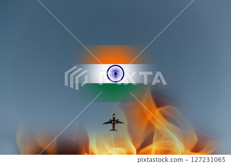 Passenger plane crashed in India. Plane crash 2025. Indian flag. fire Passenger plane crashed in India. Plane crash 2025. Indian flag. fire 127231065
