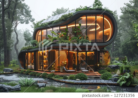 Eco-Modern House With Warm Lighting and Green Roof 127231356