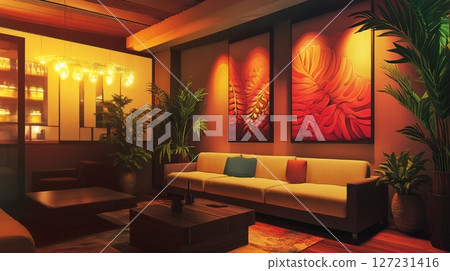Living room interior featuring a couch and wall art painting in a modern design setting 127231416