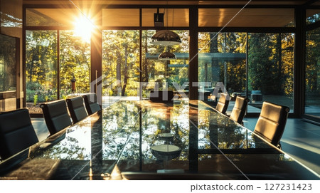 Modern dining room featuring a glass table and elegant chairs in a stylish setting 127231423