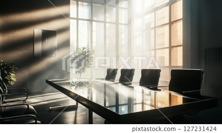 Table with chairs and potted plant centerpiece in modern dining room setting 127231424