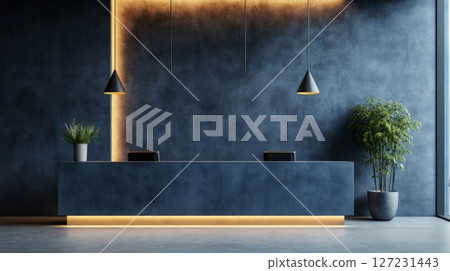 Large blue wall with a smooth texture and even color in an indoor setting 127231443