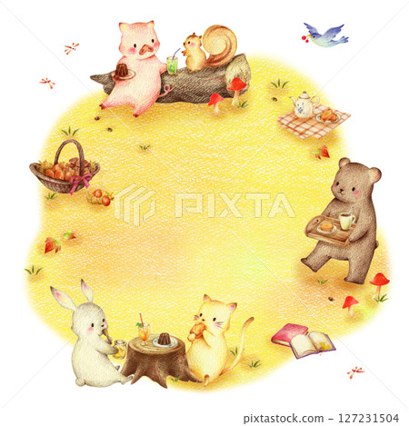 Background of animals eating sweets in an autumn field, hand-drawn colored pencil drawing 127231504
