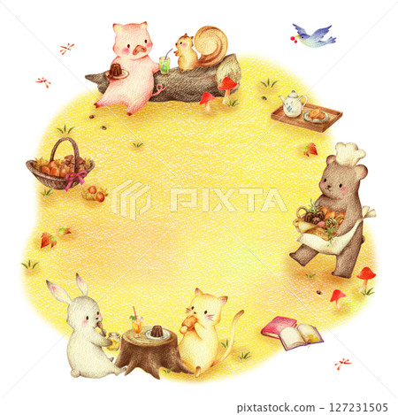 Background of animals eating sweets in an autumn field and a bear shopkeeper, hand-drawn colored pencil drawing 127231505