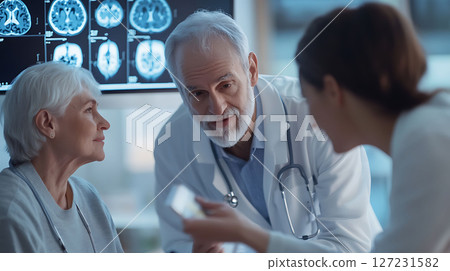 doctor showing brain scan to elderly patient and family in medical office modern technology realistic and 3D mix 127231582