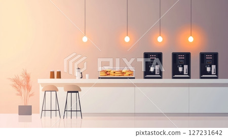 White counter surface in minimalist kitchen setting with natural light and clean lines 127231642