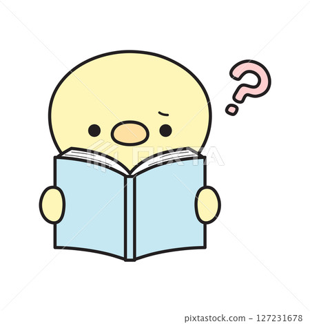 一隻可愛的小雞在讀書並提出問號的插圖 127231678