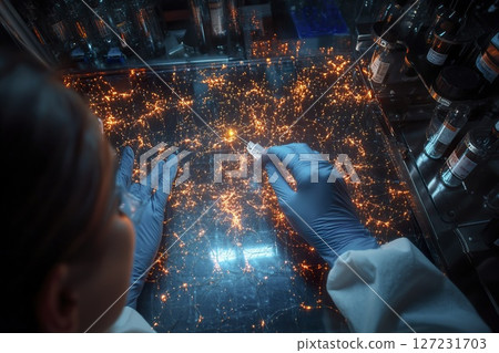 Person in laboratory observing large array of sparks during scientific experiment 127231703