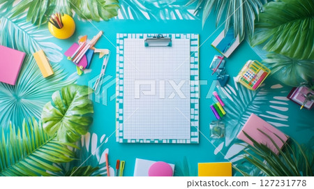 Clipboard with blank sheet of paper surrounded by tropical green leaves on a wooden table 127231778