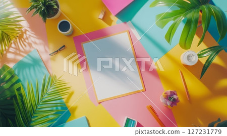 Colorful desk setup featuring a laptop plant and smartphone on a wooden surface 127231779