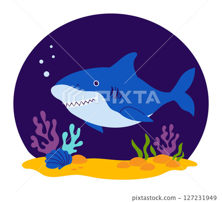 Shark with algae and seabed on dark blue background. Vector illustration 127231949
