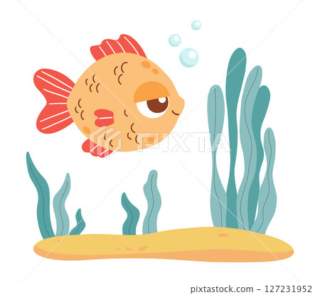 Cute Sea tropical fish and Plants algae on sandy seabed. Funny character animal. Underwater seascape landscape. Vector illustration. Kids collection 127231952