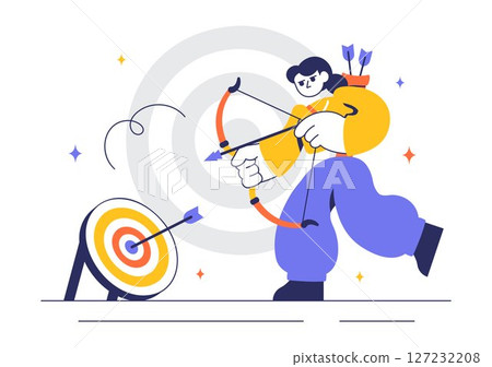 Archery Sport Vector Illustration Featuring a Bow and Arrow Aiming at a Target, Depicting an Outdoor Recreational Activity in a Flat Background 127232208