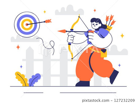 Archery Sport Vector Illustration Featuring a Bow and Arrow Aiming at a Target, Depicting an Outdoor Recreational Activity in a Flat Background Archery Sport Vector Illustration Featuring a Bow and Arrow Aiming at a Target, Depicting an Outdoor Recreational Activity in a Flat Background 127232209