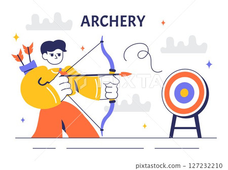 Archery Sport Vector Illustration Featuring a Bow and Arrow Aiming at a Target, Depicting an Outdoor Recreational Activity in a Flat Background 127232210