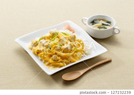Oyakodon and miso soup served on Western-style tableware Oyakodon and miso soup served on Western-style tableware 127232239
