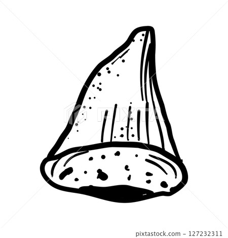 Shark tooth sketch tattoo, megalodon line doodle sharp silhouette. Jaw teeth fossil, textured retro symbol.  127232311