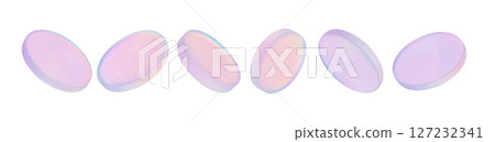 3D holographic coins with glass effect floating. Chrome holographic badge and crystal disk shine in neon purple light. Soft iridescent pastel disks floating in sequence on white background. 3D holographic coins with glass effect floating. Chrome holographic badge and crystal disk shine in neon purple light. Soft iridescent pastel disks floating in sequence on white background. 127232341