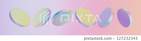 3d glass hologram coin icon, holographic badge on a podium. Neon chrome disk and crystal medal float on soft pastel gradient background. Transparent currency plate shows glossy translucent design. 127232343