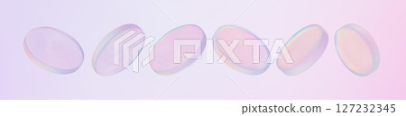 3D holographic glass coin icons floating on soft pink and purple gradient background. Chrome badge with round disk in blue and pink. Transparent currency symbol shines in a realistic techno design. 127232345
