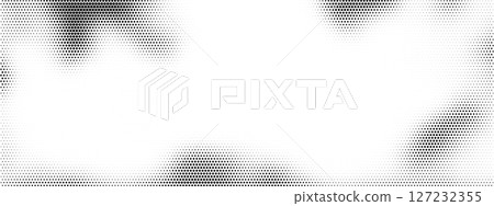 Hexagon honeycomb pattern fades in halftone gradient background design. Geometric vector texture with abstract hex shapes and digital dots. Technology style wallpaper retro wave curves and pixel grid. 127232355