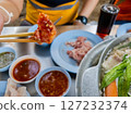 Grill pork on wooden chopsticks, Thai bbq Barbecue  127232374