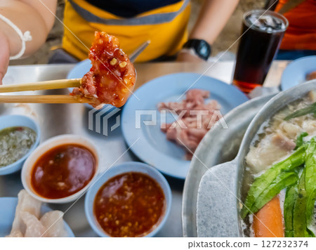 Grill pork on wooden chopsticks, Thai bbq Barbecue Grill pork on wooden chopsticks, Thai bbq Barbecue 127232374