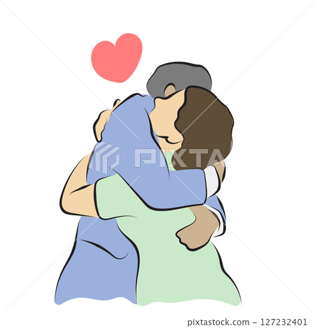Man hugs his girlfriend illustration vector hand drawn with black lines isolated on white background. Man hugs his girlfriend illustration vector hand drawn with black lines isolated on white background. 127232401