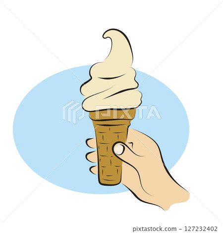 closeup hand holding an ice cream cone illustration vector hand drawn with black lines isolated on white background. closeup hand holding an ice cream cone illustration vector hand drawn with black lines isolated on white background. 127232402