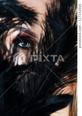 Woman eye looking through black feathers 127232608