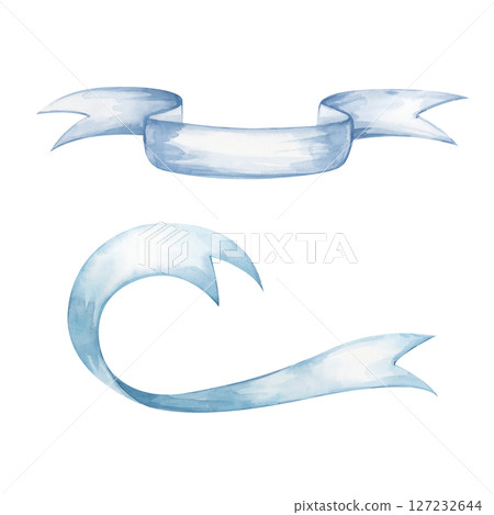 A mini set of two watercolor ribbons, hand-drawn on a white background. A banner for the text. The illustration of the festive ribbon is presented separately. A template for use on labels, postcards 127232644