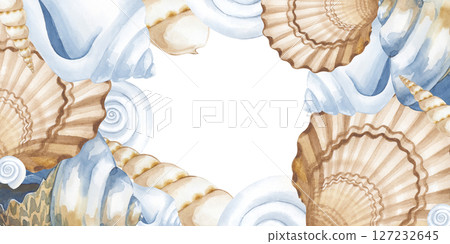 Rectangular marine frame with various shells, hand-painted in watercolor. Beige, brown and white shells. Watercolor illustration on a white background with free space for insertion. 127232645