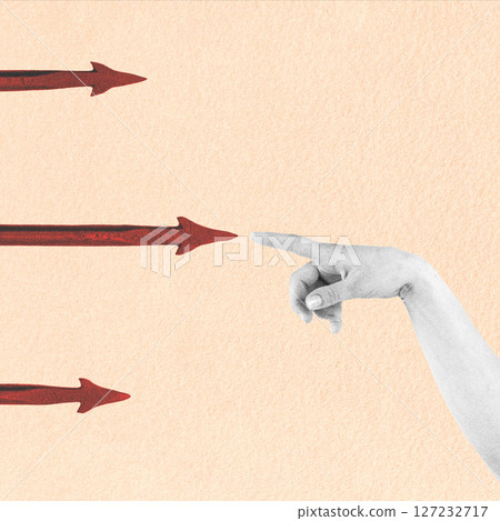 Abstract collage of woman finger pointing to spikes Abstract collage of woman finger pointing to spikes 127232717